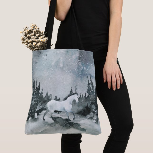 Tote Bag Hiver Forêt de Bois Vapeur Nuit de Cheval Blanc Ci (De près)