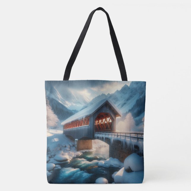 Tote Bag Hiver, pont enneigé et rivière (Devant)
