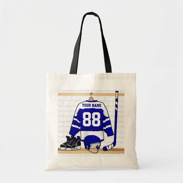 Tote Bag Hockey sur glace bleu et blanc personnalisé Jersey (Devant)