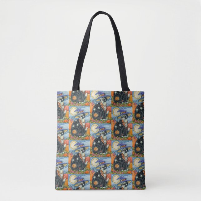 TOTE BAG HOCUS POCUS NOIR CAT WITCH & MOUSE HALLOWEEN (Devant)