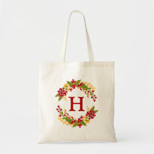 Tote Bag Holly Berries Wreath Monogrammé