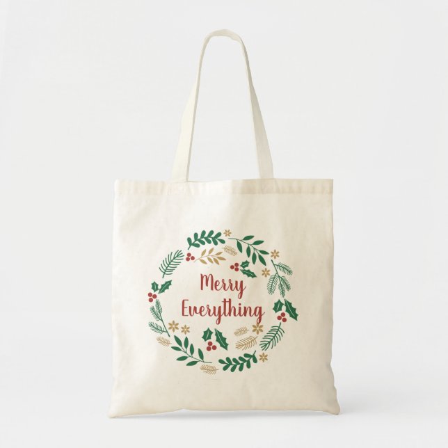 Tote Bag Holly Berry Pine Wreath Joyeux tout Photo (Devant)