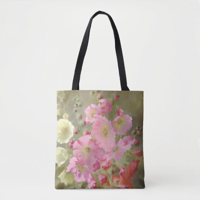 Tote Bag Hollyhocks roses et blancs par Anthonore Christens (Devant)