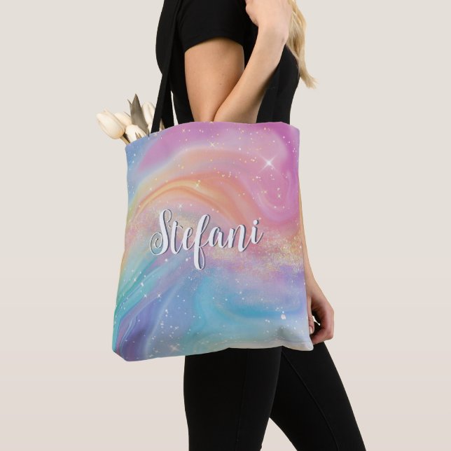 Tote Bag Holographique Iridescente Rainbow Unicorn Personna (De près)