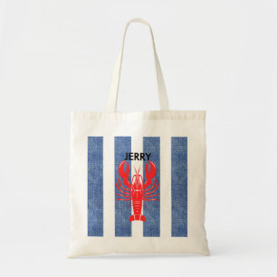 Tote Bag Homard rouge sur les bandes de Denim Bleu et Blanc