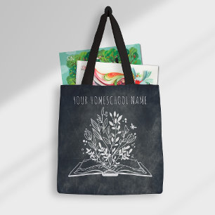 Tote Bag Homeschool Nom minimaliste Floral Open Book
