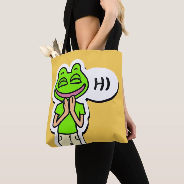 Tote Bag Homme avec tête de grenouille souriante sur Jaune  (De près)
