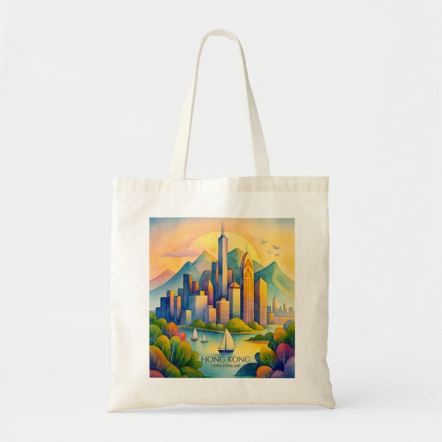 Tote Bag Hong Kong Skyline Watercolor | Travel Gif (Devant)