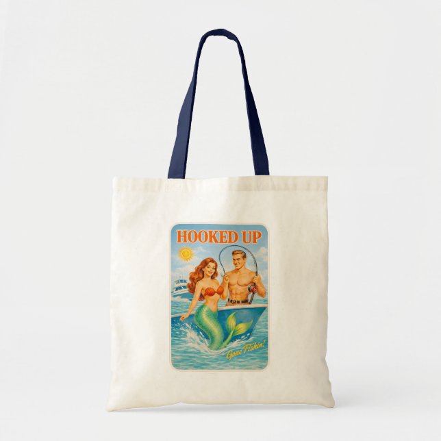 Tote Bag Hooked Up Fishing Pin-Up Mermaid Funny Retro Beach (Devant)