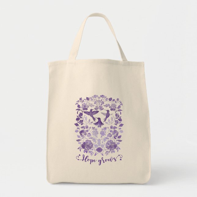 Tote Bag Hope Grosses - Lavender Linocut Bird Inspirational (Devant)