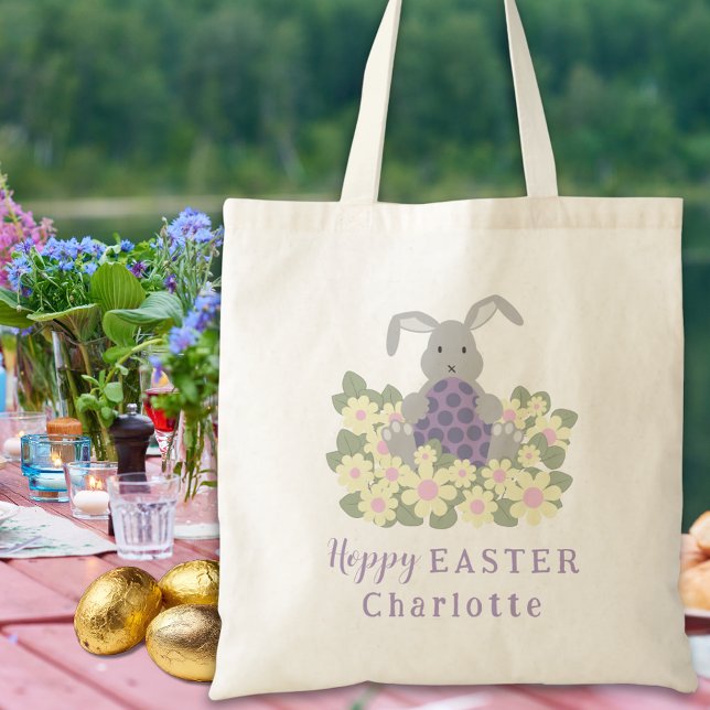 Tote Bag Hoppy Easter Egg Hunt Bunny Floral Ajouter un nom (Personalized kids name Easter egg hunt cute bunny spring floral tote bag Modern purple script)