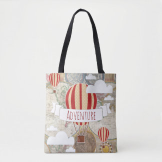 Tote Bag Hot Air Balloon & Carte du monde Voyageur Vintage