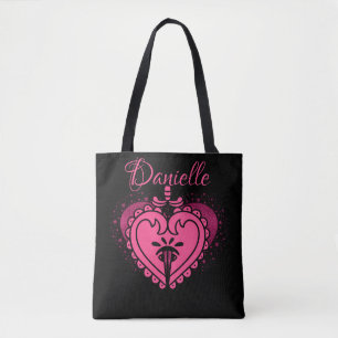 Tote Bag Hot Coeur rose avec épée Fun Girly Fourre-tout