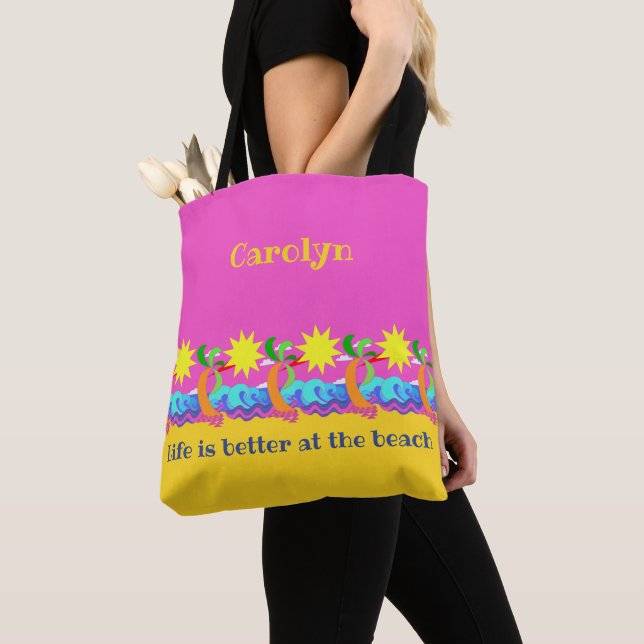 Tote Bag Hot Tropical Beach, arrière - plan rose, votre nom (De près)