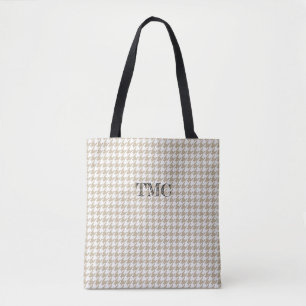 Tote Bag Houndstooth Beige White INITIALS Preppy Chic