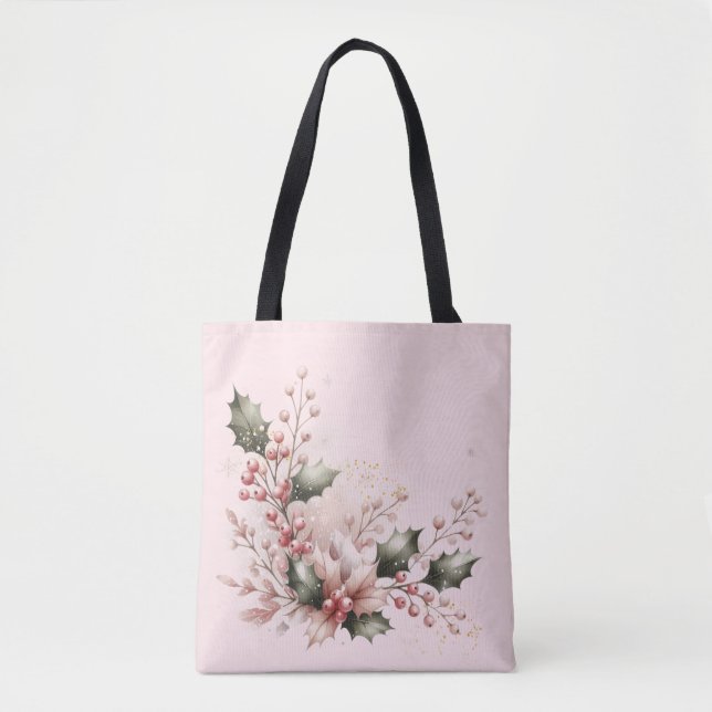 Tote Bag Houx et Baies Rose Pâle (Devant)