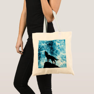 Tote Bag Howling Winter Wolf enneigé bleu fumée Abstraite