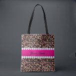 Tote Bag Huile d'or et diamants de Faux Leopard, Rose rose-<br><div class="desc">empreinte de léopard chic, féminin, moderne, personnalisé, rose chaud et noir faux feuil motif sur un arrière - plan rose d'or faux feuille métallique avec faux diamant et bande de nom de dégradé rose chaud.VEUILLEZ NOTER : Il s'agit de graphiques imprimés plats - PAS de pièces surélevées. Cliquez sur le bouton...</div>