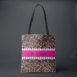 Tote Bag Huile d'or et diamants de Faux Leopard, Rose rose-<br><div class="desc">empreinte de léopard chic, féminin, moderne, personnalisé, rose chaud et noir faux feuil motif sur un arrière - plan rose d'or faux feuille métallique avec faux diamant et bande de nom de dégradé rose chaud.VEUILLEZ NOTER : Il s'agit de graphiques imprimés plats - PAS de pièces surélevées. Cliquez sur le bouton...</div>