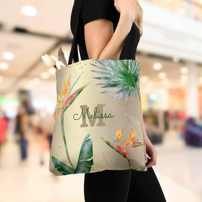 Tote Bag Huile d'or Tropical Island Floral Monogramme Scrip (Créateur téléchargé)