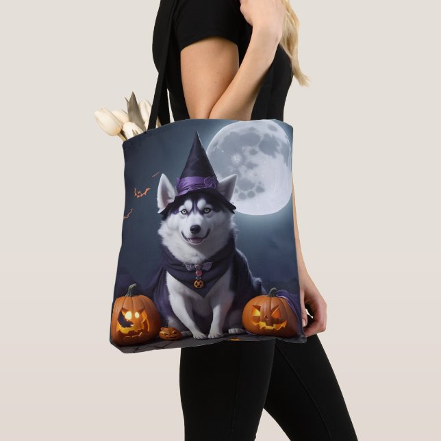 Tote Bag Husky Chien Halloween Aventure Lune Magie Éffrayan (De près)