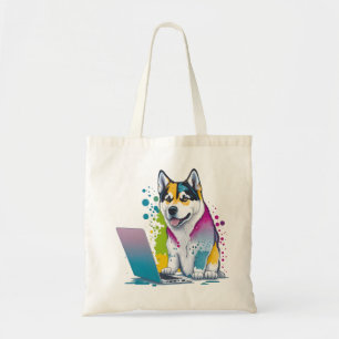 Tote Bag Husky Chig Computer Rainbow Watercolor Tech Savvy