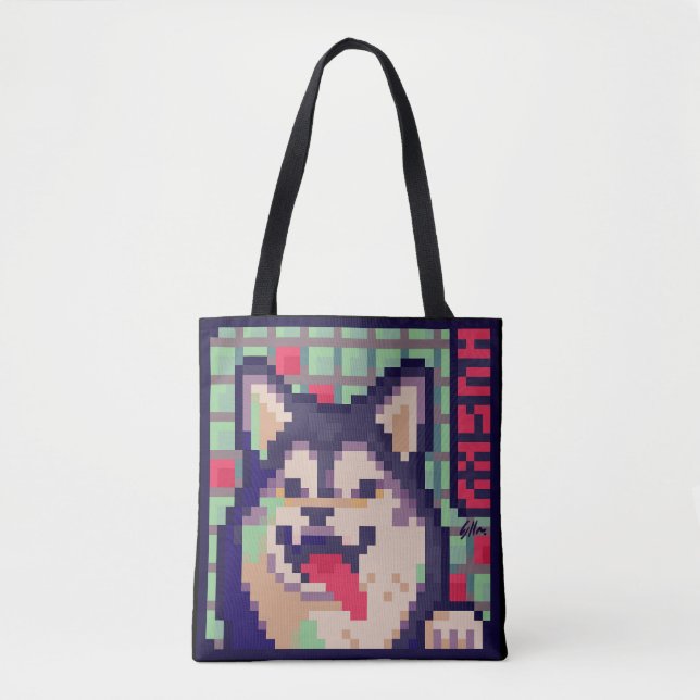 Tote Bag Husky, Pixel Art, pixelart (Devant)