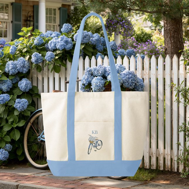 Tote Bag Hydrangea Monogramme de vélo Contraste de finition (Hydrangea Bicycle Tote Bag)