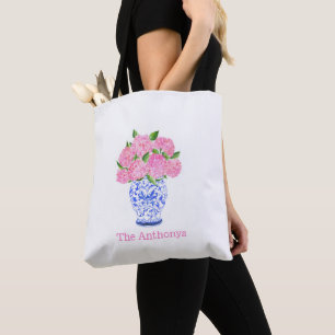 Tote Bag Hydrangea Rose Aquarelle Chinoiserie Nom