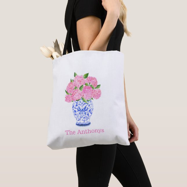 Tote Bag Hydrangea Rose Aquarelle Chinoiserie Nom (De près)