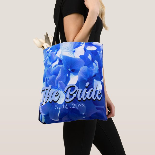Tote Bag Hydrangeas bleus floraux élégants bleu de cobalt (De près)