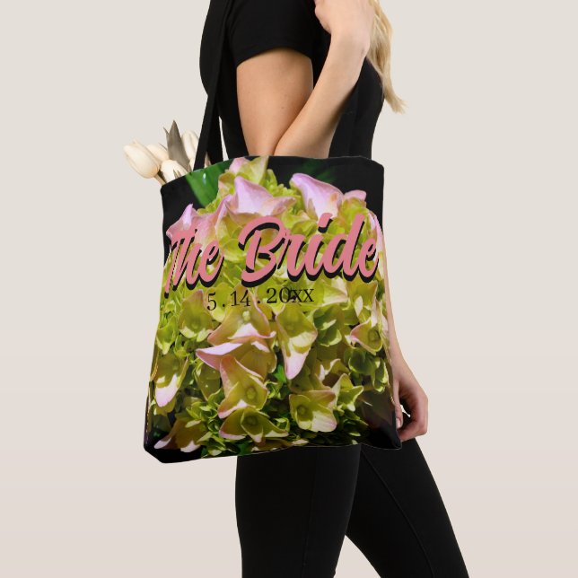 Tote Bag Hydrangée rose jaune vert, pour la mariée (De près)