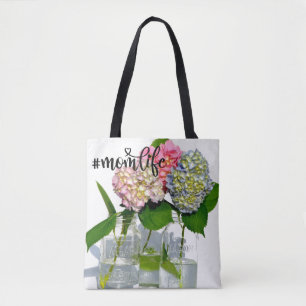Tote Bag Hydrangées florales rose pâle bleu jaune vert