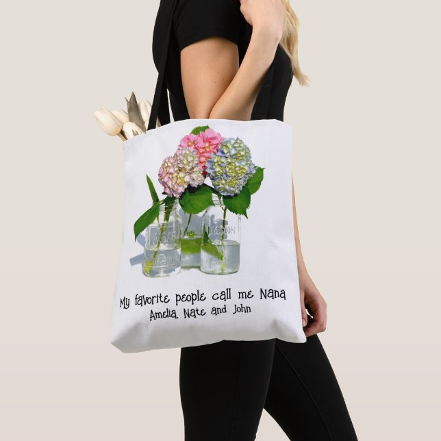 Tote Bag Hydrangées florales rose pâle bleu jaune vert (De près)