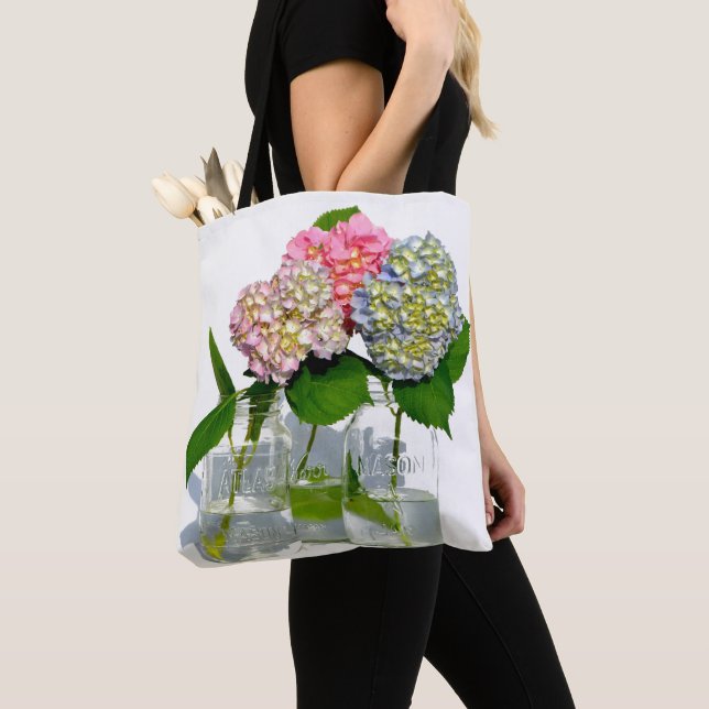 Tote Bag Hydrangées florales rose pâle bleu jaune vert (De près)