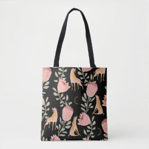 Tote Bag Hyena & Protea : Arrière - plan noir sans couture