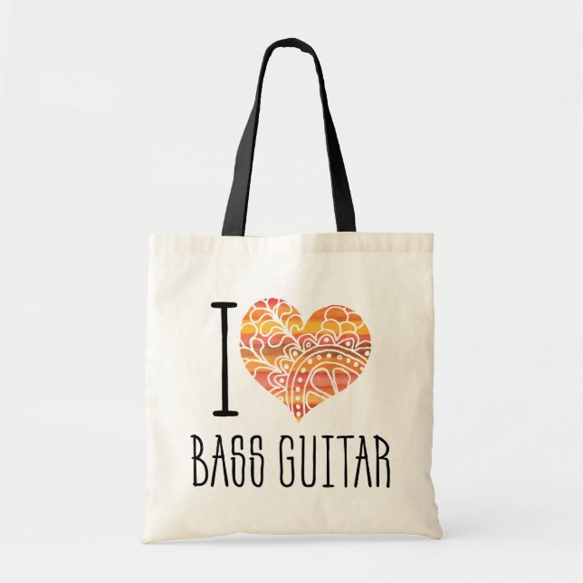 Tote Bag I Love Bass Guitar Orange Mandala Heart (Devant)