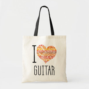 Tote Bag I Love Guitar Orange Mandala Heart