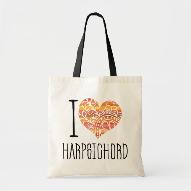 Tote Bag I Love Harpsichord Orange Mandala Heart (Devant)