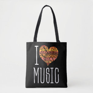 Tote Bag I Love Music Orange Jaune Mandala Heart