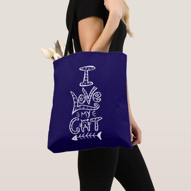Tote Bag I Love My Cat Deep Blue Cat Mom Cat Lover (De près)