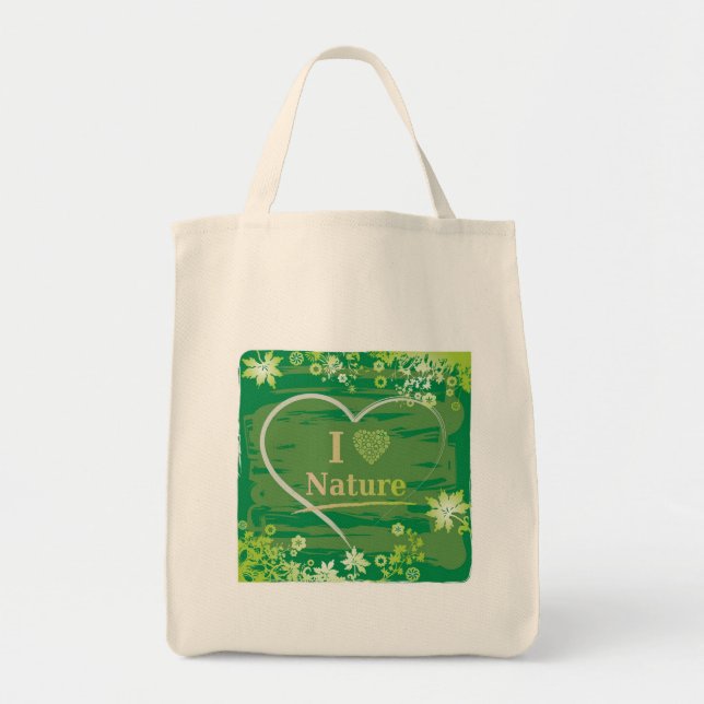 Tote Bag I Love Nature Coeur Texte et Fleurs - Vert (Devant)