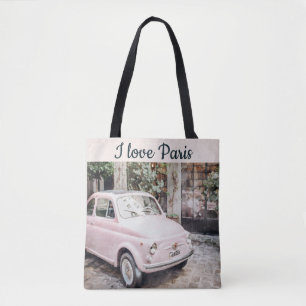 Tote Bag I Love Paris Street Scene Voiture Rose