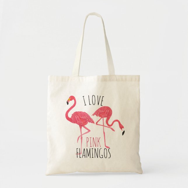 Tote Bag I Love Pink Flamants roses Texte & Oiseaux Illustr (Devant)