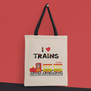 Tote Bag I Love Trains Colorful Kids Photo and Name