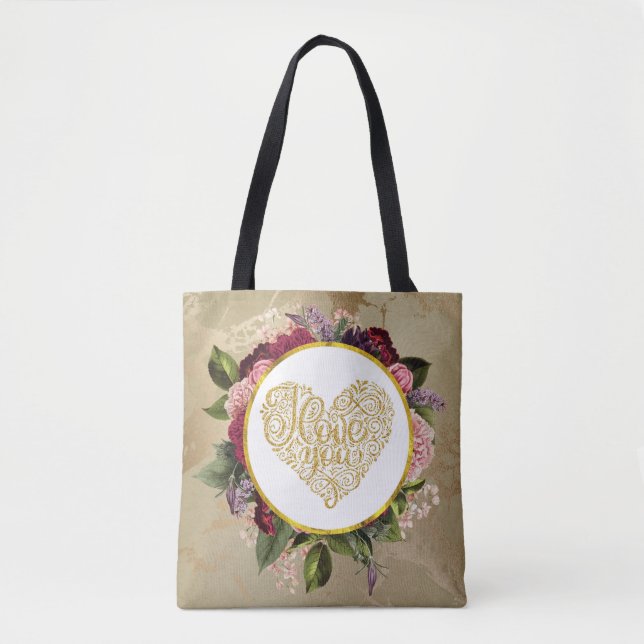 Tote Bag I Love You Fancy Golden Ornate (Devant)