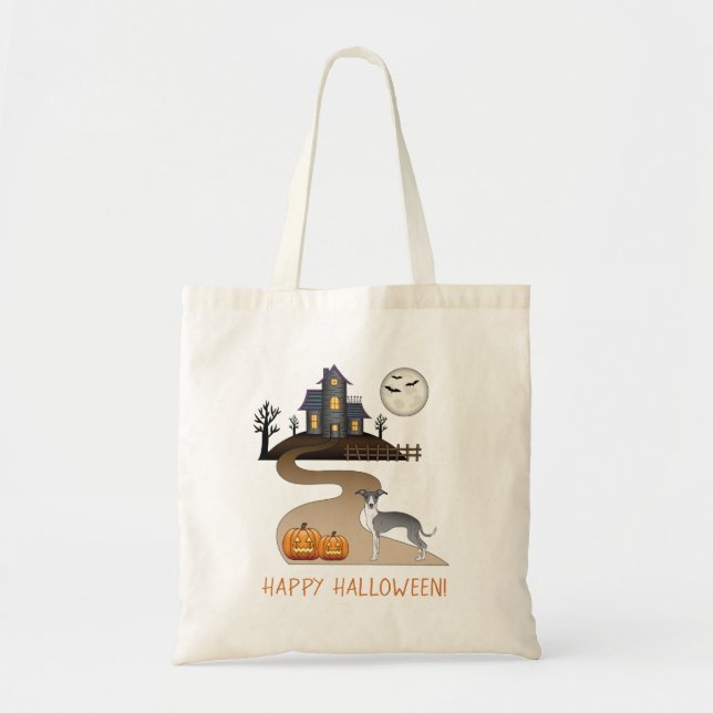 Tote Bag Iggy Bleu Et Blanc Et Halloween Maison Hantée (Devant)