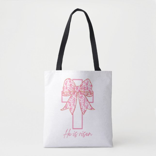 Tote Bag Il est ressuscité, Croquette Bow rose floral (Devant)