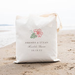 Tote Bag Île Hibiscus Destination Mariage Faveur<br><div class="desc">Les sacs fourre-tout mariages chic de l'île font de grands sacs de bienvenue ou des faveurs pour votre mariage de destination ou mariage Hawaii! Le design tropical comprend une fleur d'hibiscus unique en corail vibrant avec des feuilles verts doux, avec vos noms, date mariage et emplacement mariage sous dans un...</div>