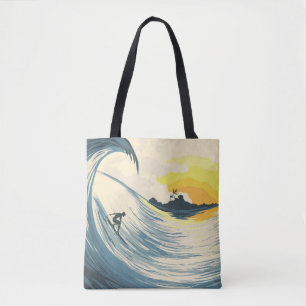 Tote Bag Île tropicale, vague, coucher de soleil de surfer.